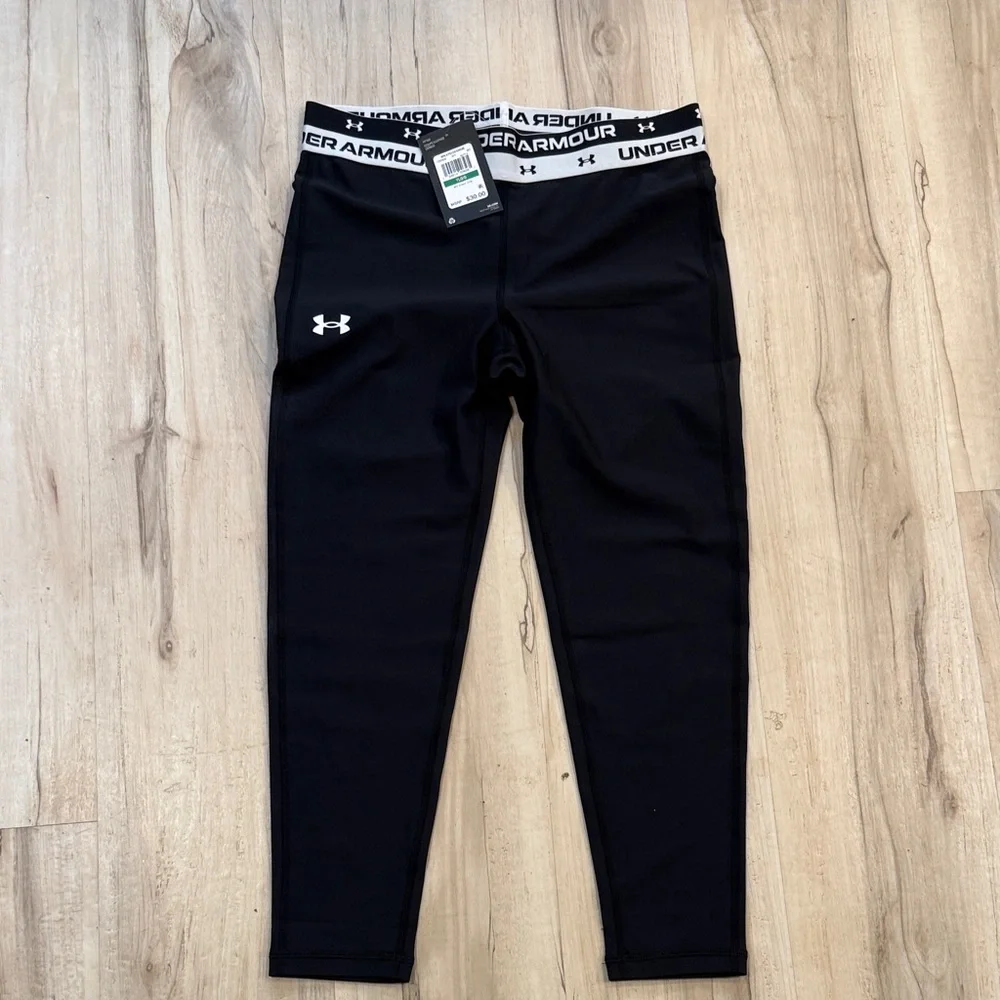 Under Armour Black Girls' Performance Leggings with White Logo Waistband
